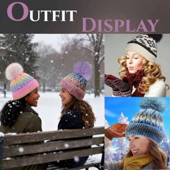Women\'s Chunky Knit Beanie with Pom-Pom - Cashmere Inner Layer Winter Hat main image 4